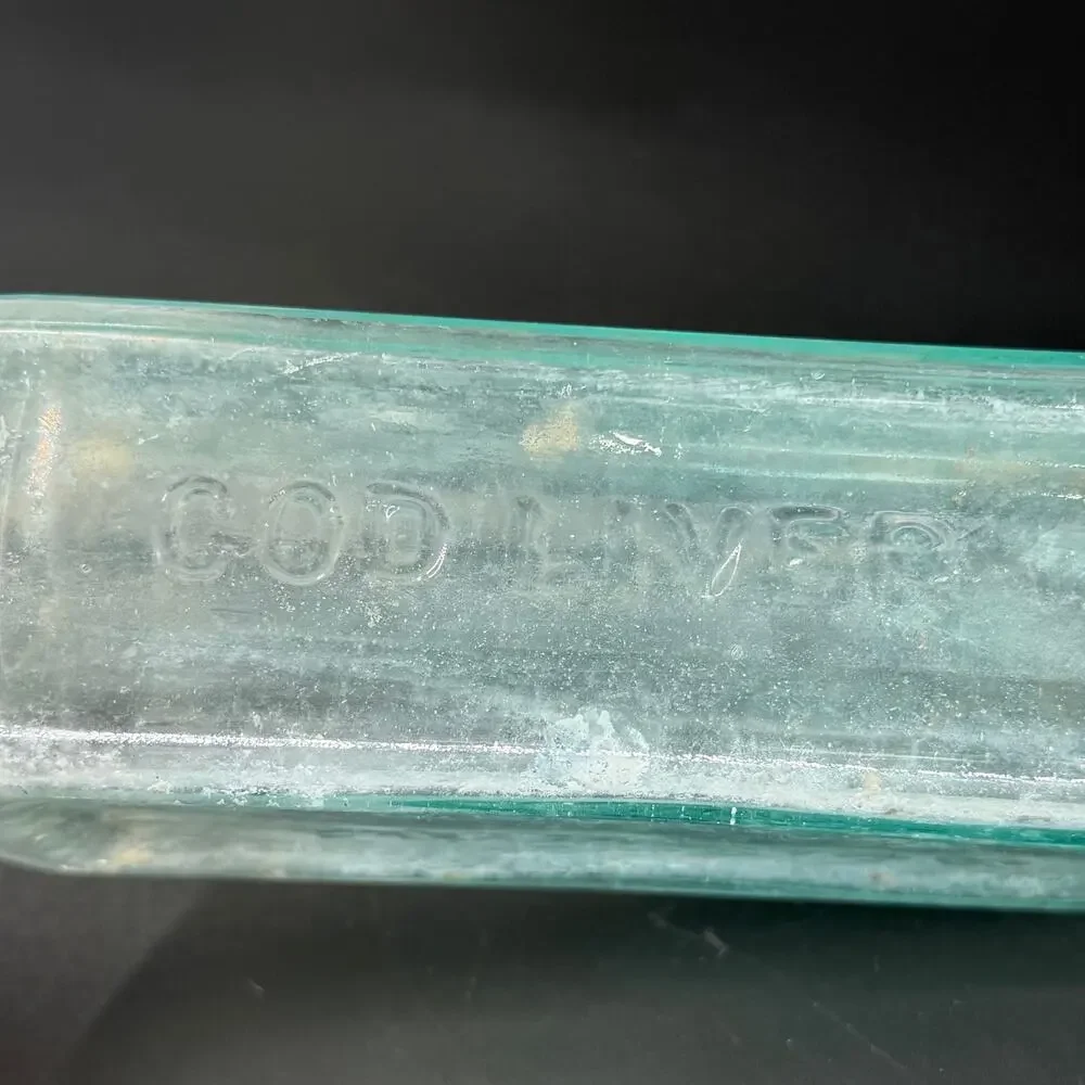 Antique Scott's Emulsion Cod Liver Oil LIme Soda Aqua Blue Glass Bottle Embossed